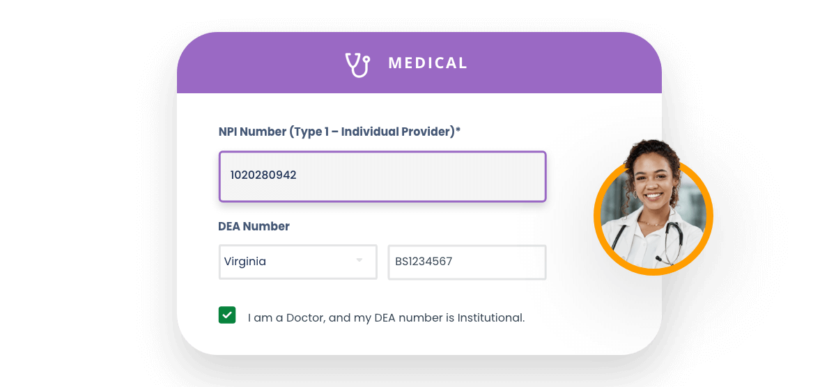 Verified doctor profile with DEA number entry box