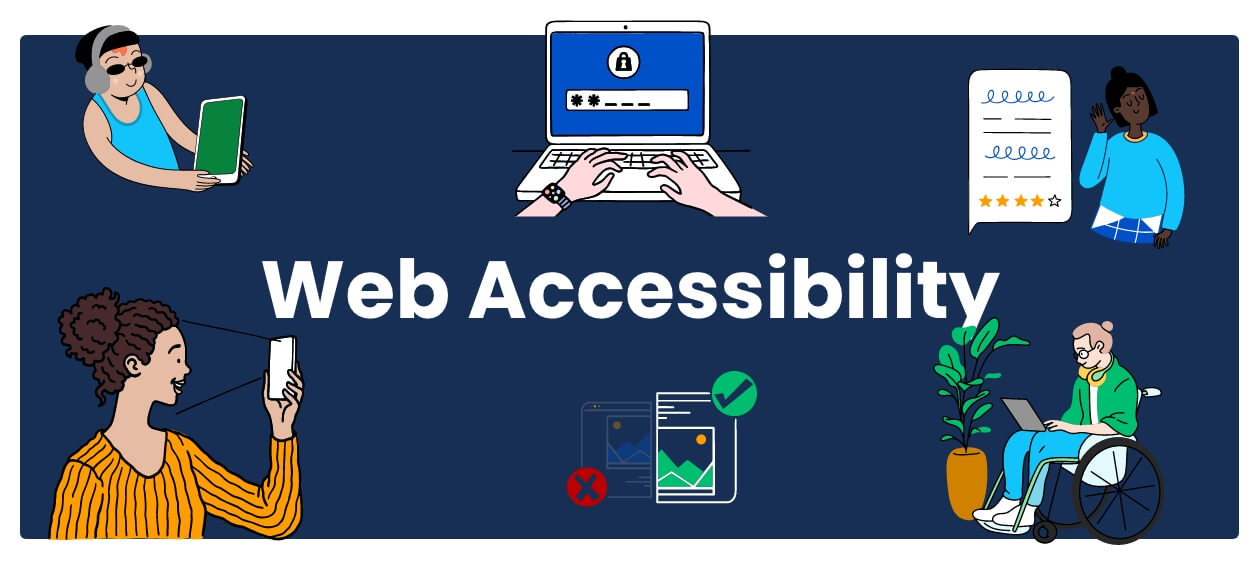 Web Accessibility banner with illustrations of accessible technology examples
