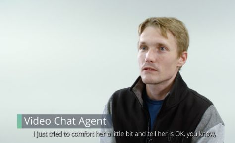 A male video chat agent talking on video