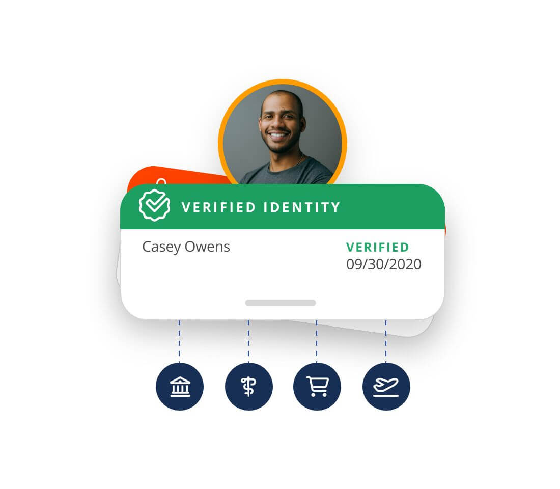 Headshot of a man with a verified identity profile sticker and government, medical, shopping, and travel icons