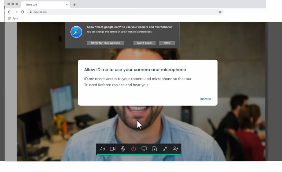 Video thumbnail image of pop up window allowing ID.me to use your camera and microphone