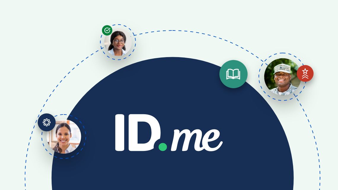 ID.me logo in a blue circle with circular images of people around it