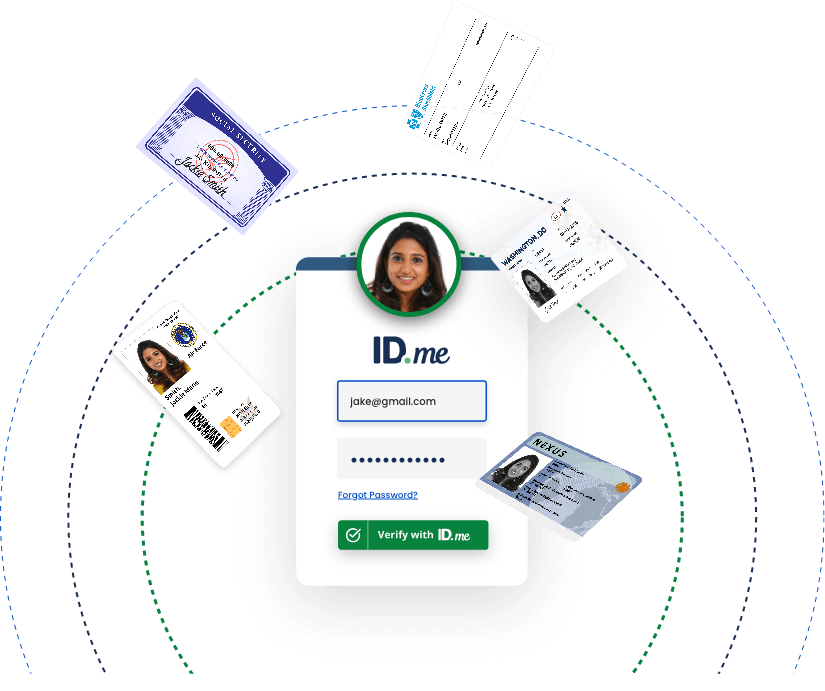 IDme mobile login page surrounded by multiple forms of ID