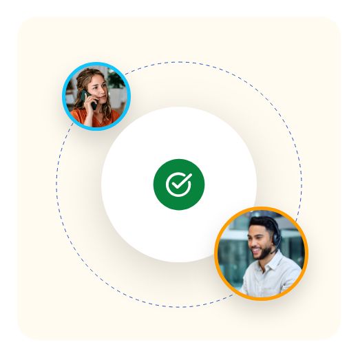 Customer and employee on a phone call with green check icon