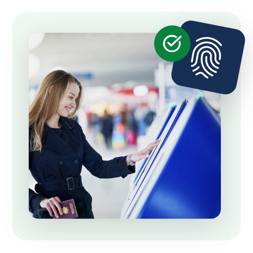 Woman with a passport using a verification kiosk with a fingerprint and green check icon