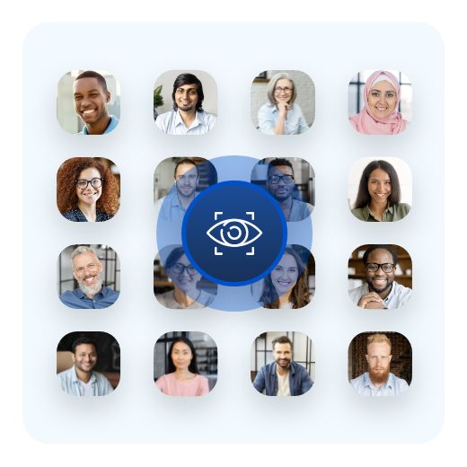 Grid of user profile photos behind blue eye security icon