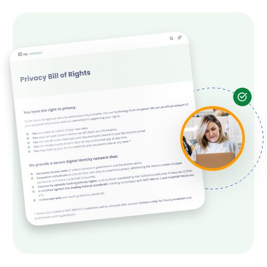 IDme privacy bill of rights with woman using laptop and green check icon