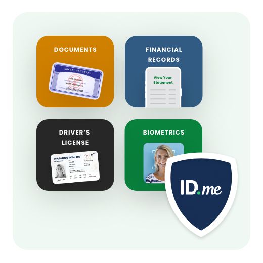 Documents, financial records, drivers license, and biometrics stickers with IDme shield logo