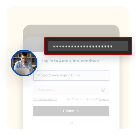 Acme, Inc. login page with password box overlay and man using laptop