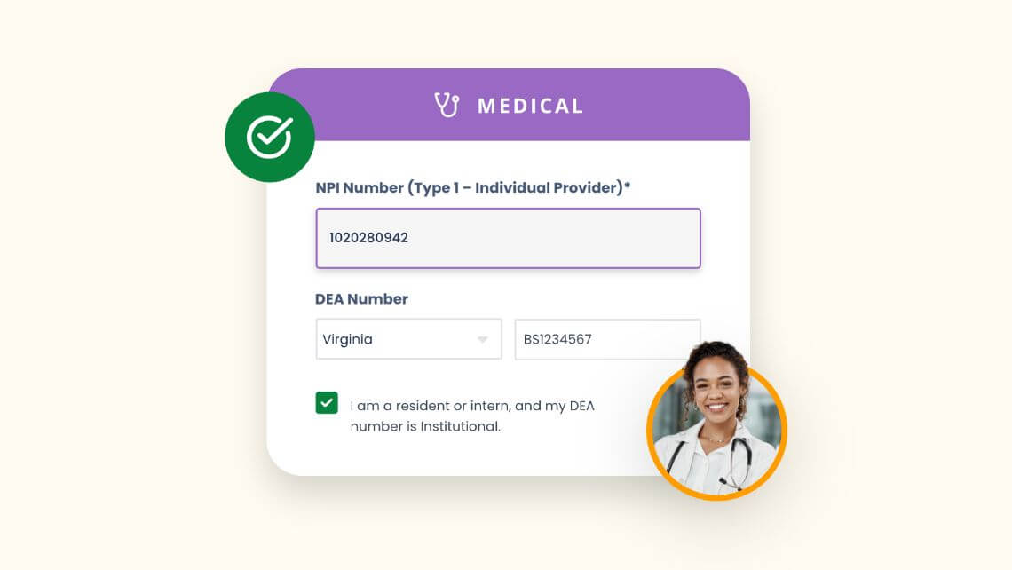 Verified medical profile card with NPI and DEA number entry fields
