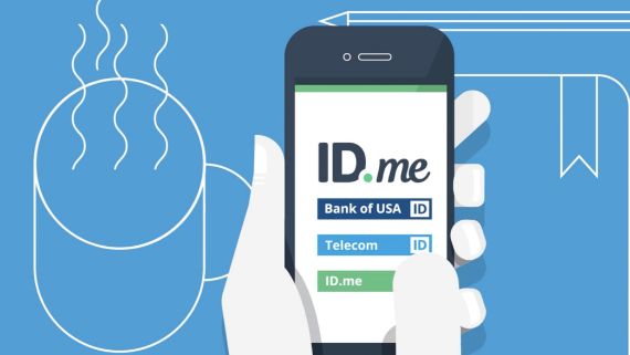 Icon of phone with IDme app held over a desk