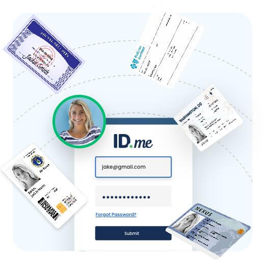 IDme login page surrounded various forms of ID