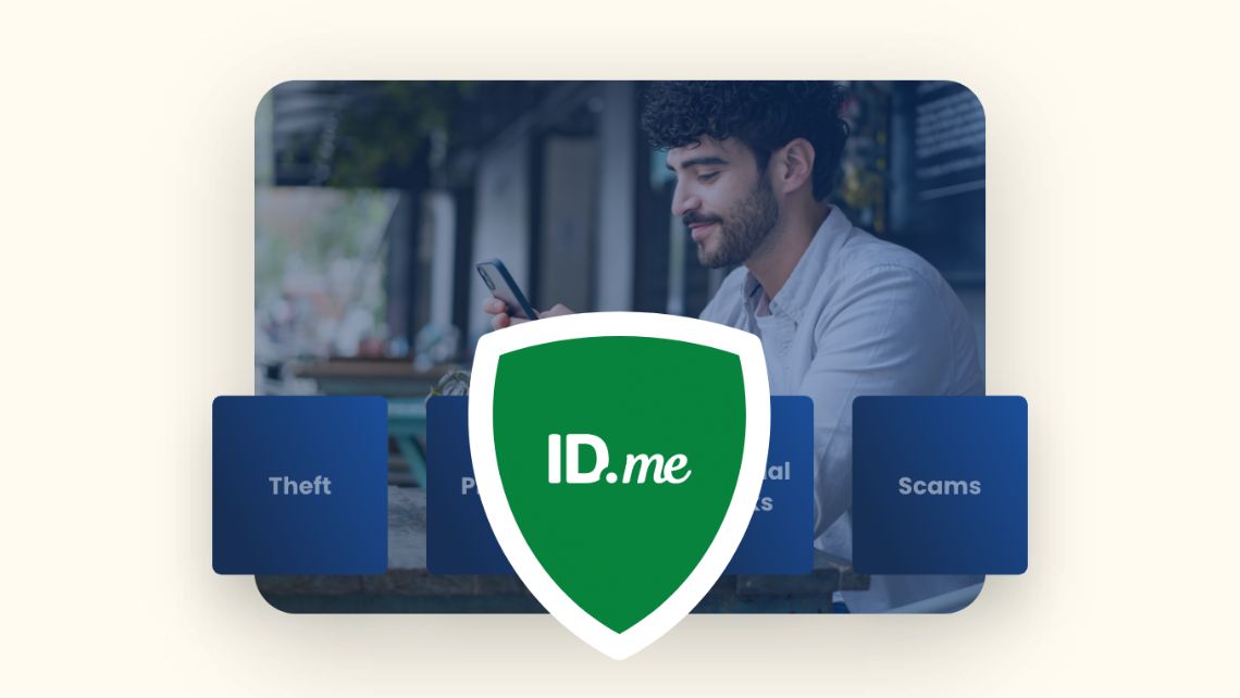 Man typing on phone with IDme logo overlay