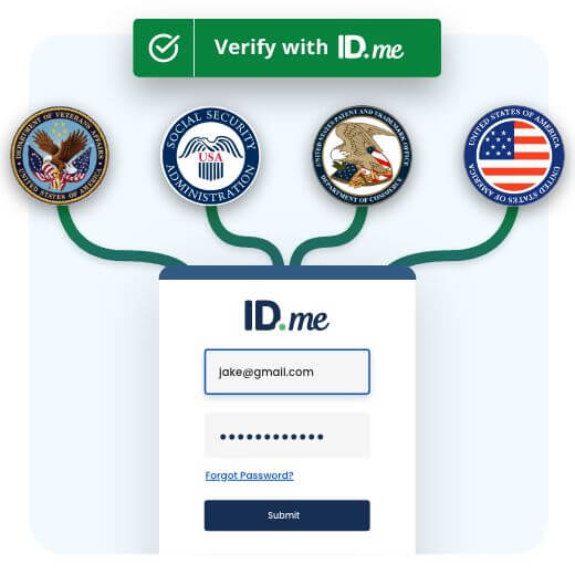 Government agency icons connected to IDme mobile login page