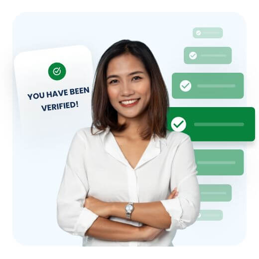 Smiling woman with her arms crossed and a you have been verified notification