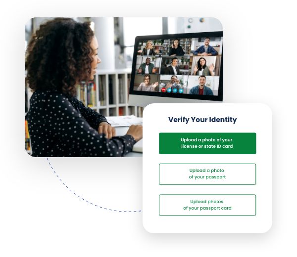 Woman on a group video call with identity verification menu overlay